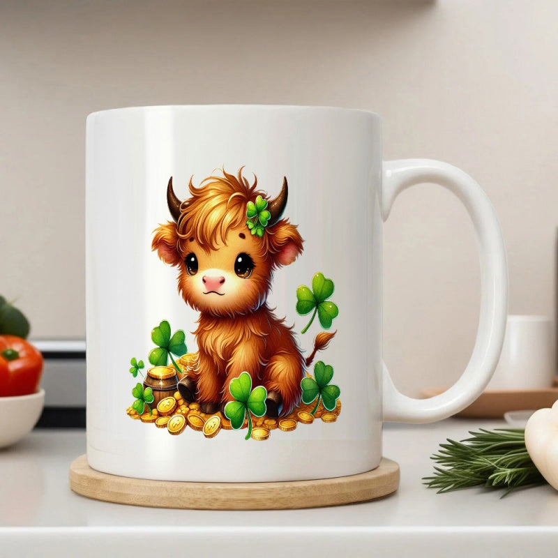 Tailorly White Ceramic 11 oz Mug - Cute Baby Highland Cow Sitting With Lucky Green Shamrocks And Golden Coins Cow