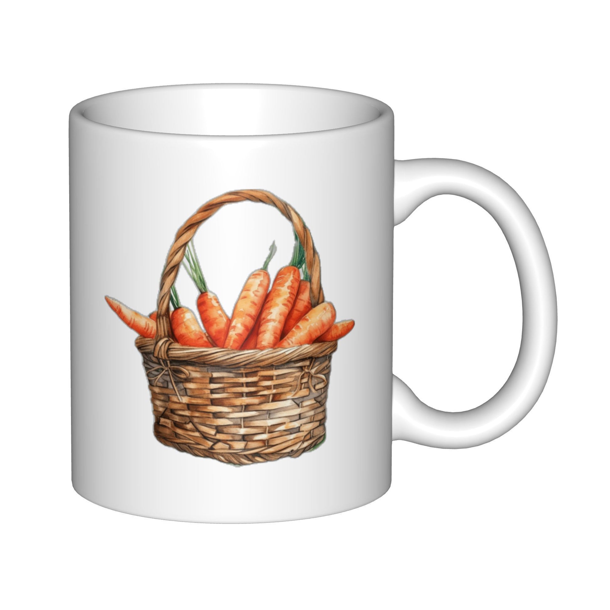 Tailorly White Ceramic 11 oz Mug - Handmade Woven Rustic Container Filled With Fresh Garden Harvested Orange Carrots Basket