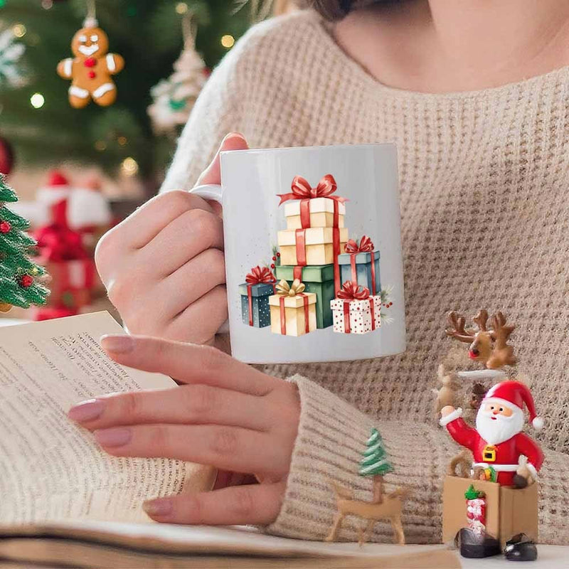 Tailorly White Ceramic 11 oz Mug - Colorful Stacked Holiday Packages Wrapped With Elegant Red Ribbons Festive Presents