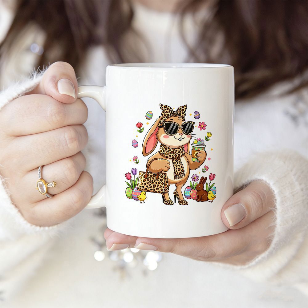 Tailorly White Ceramic 11 oz Mug - Chic Easter Bunny Wearing Leopard Accessories And Cool Sunglasses Rabbit