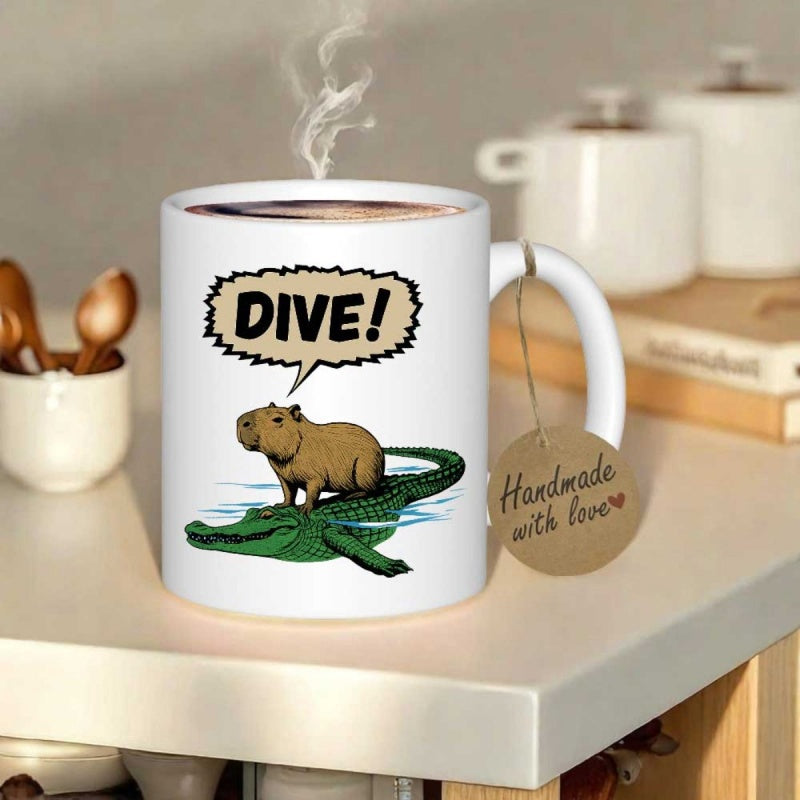 Tailorly White Ceramic 11 oz Mug - Dive Calm Brown Animal Standing On Green Crocodile Among Water Ripples Capybara