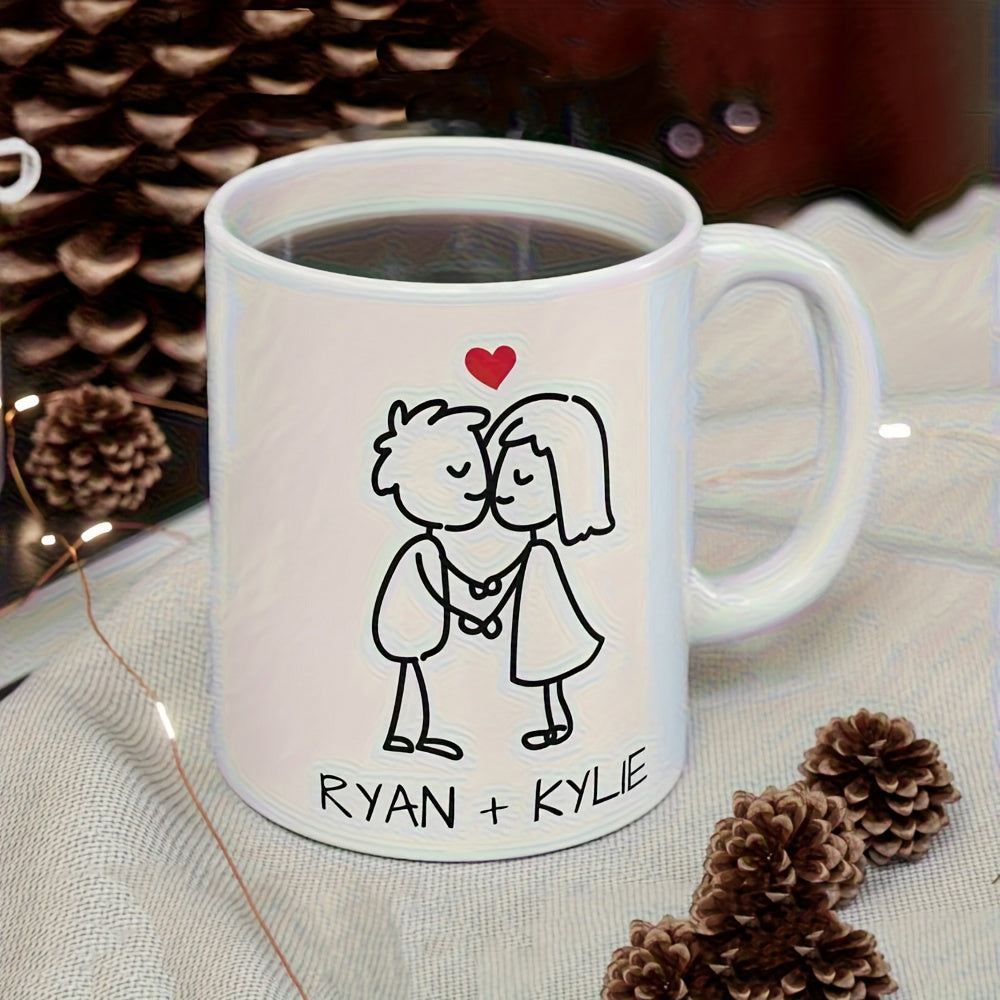 Tailorly White Ceramic 11 oz Mug - Ryan Kyle Minimalist Black Line Art Of Lovers Under A Red Floating Heart Couple