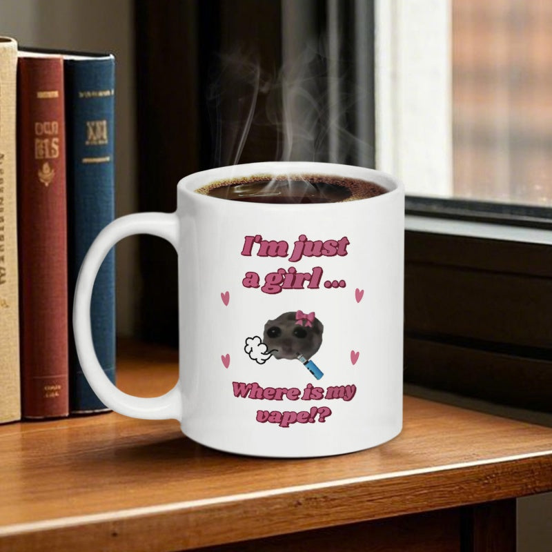 Tailorly White Ceramic 11 oz Mug - Im Just A Girl Where Is My Vape Small Dark Animal Character With Pink Bow Holding Electronic Vape Mug