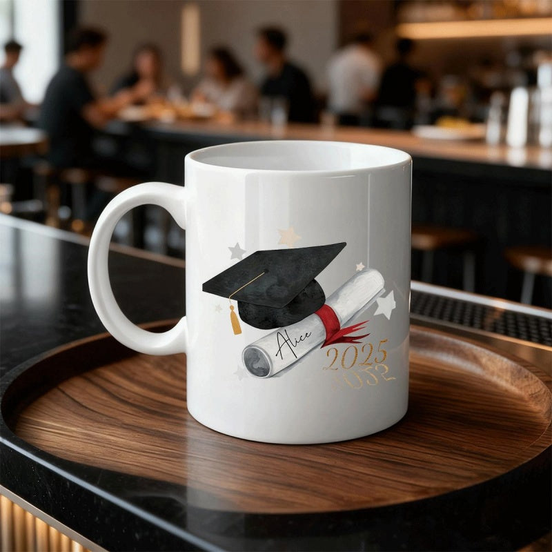 Tailorly White Ceramic 11 oz Mug - 2025 Black Academic Cap Beside A Rolled Diploma Under Golden Stars Mortarboard