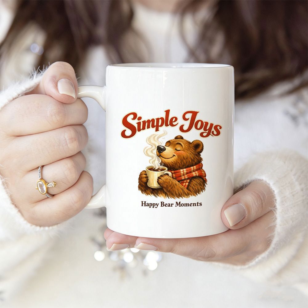 Tailorly White Ceramic 11 oz Mug - Simple Joys Happy Bear Moments Adorable Brown Bear Wearing Red Checkered Scarf Holding Steaming Coffee Cup Bear