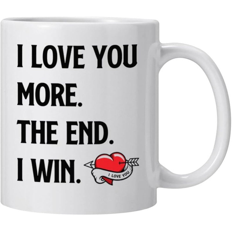 Tailorly White Ceramic 11 oz Mug - I Love You More The End I Win Red Heart Pierced By Cupid Arrow Featuring Small Ribbon Wrapping Mug
