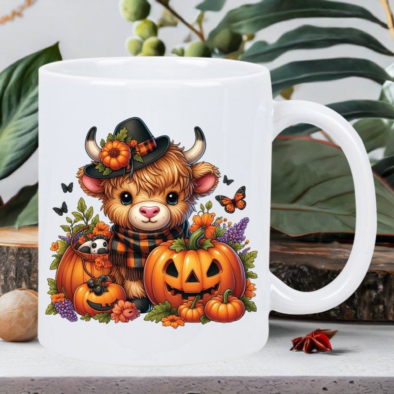 Tailorly White Ceramic 11 oz Mug - Cute Highland Calf Wearing Hat Among Autumn Flowers And Carved Pumpkin Cow