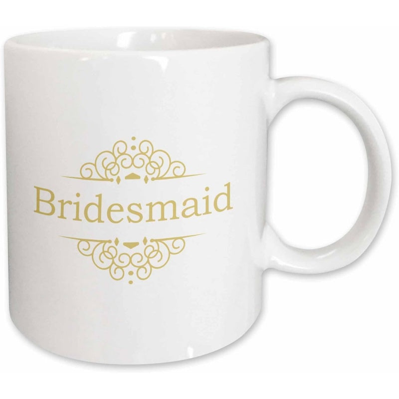 Tailorly White Ceramic 11 oz Mug - Bridesmaid Elegant Golden Ornamental Filigree Flourish Centered On Minimalist