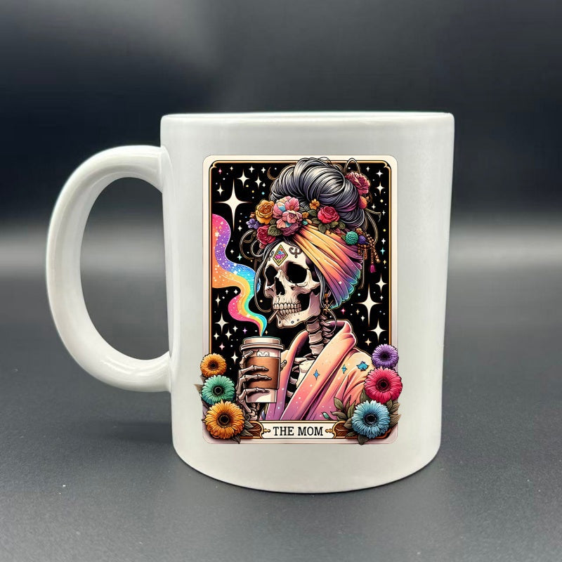 Tailorly White Ceramic 11 oz Mug - The Mom Artistic Tarot Card Style Skeleton With Floral Headband Drinking Coffee Skeleton