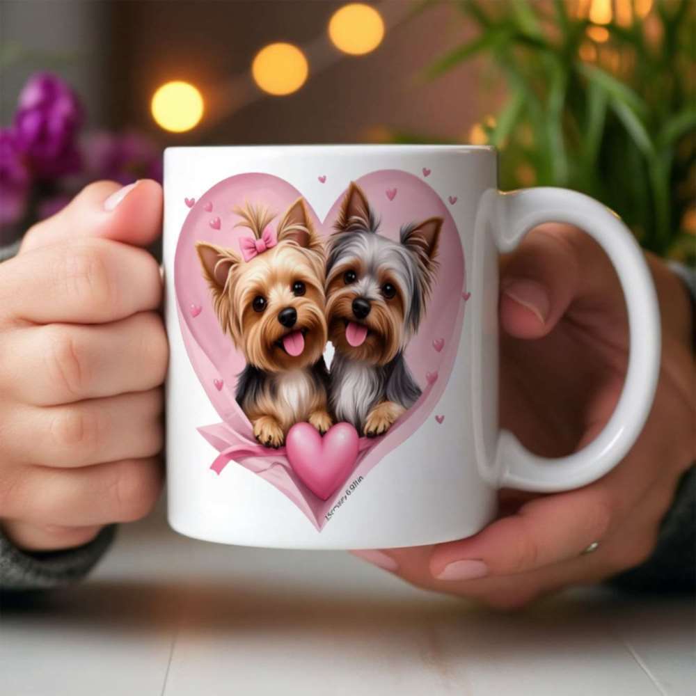 Tailorly White Ceramic 11 oz Mug - Adorable Small Puppies Inside Decorative Pink Heart Frame With Shining Stars Dog