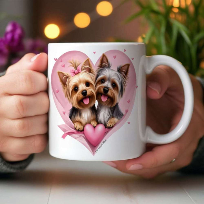 Tailorly White Ceramic 11 oz Mug - Adorable Small Puppies Inside Decorative Pink Heart Frame With Shining Stars Dog