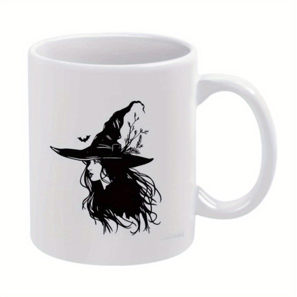 Tailorly White Ceramic 11 oz Mug - Mystical Silhouette Profile With Botanical Hat And Flying Bat Witch