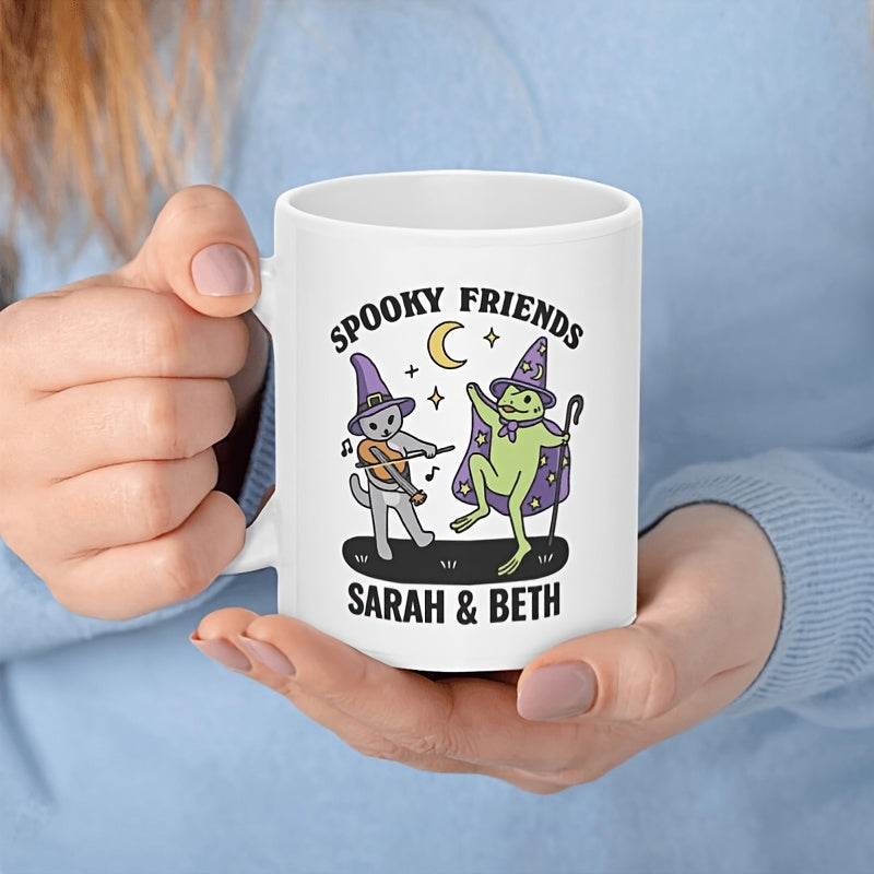 Tailorly White Ceramic 11 oz Mug - Spooky Friends Sarah Beth Whimsical Cartoon Animals Wearing Purple Wizard Hats Dancing Under Crescent Moon Friends