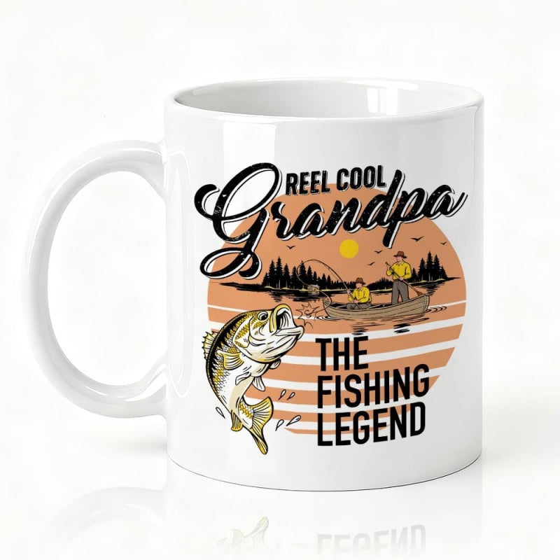 Tailorly White Ceramic 11 oz Mug - Reel Cool Grandpa The Fishing Legend Majestic Jumping Scene Against Sunset Background With Fishermen In Rowing Boat Fish
