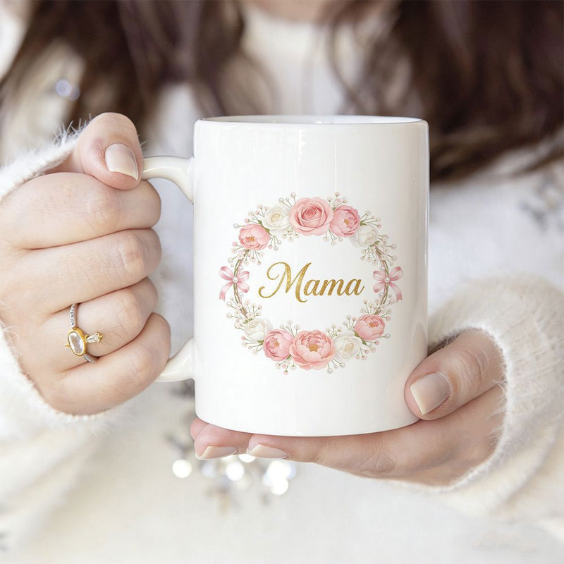 Tailorly White Ceramic 11 oz Mug - Mama Floral Wreath With Blooming Pink Roses And Green Leaves Mug