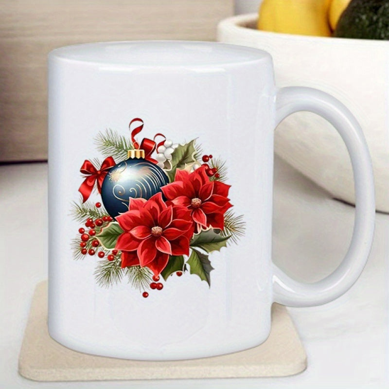 Tailorly White Ceramic 11 oz Mug - Festive Red Poinsettias With Evergreen Branches And Decorative Blue Ornament Mug
