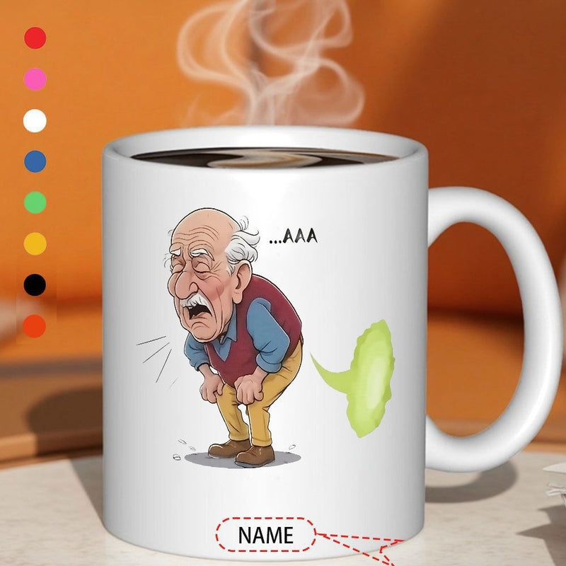 Tailorly White Ceramic 11 oz Mug - Name AAA Humorous Illustration Featuring Elderly Cartoon Character Passing Green Gas Cloud Man