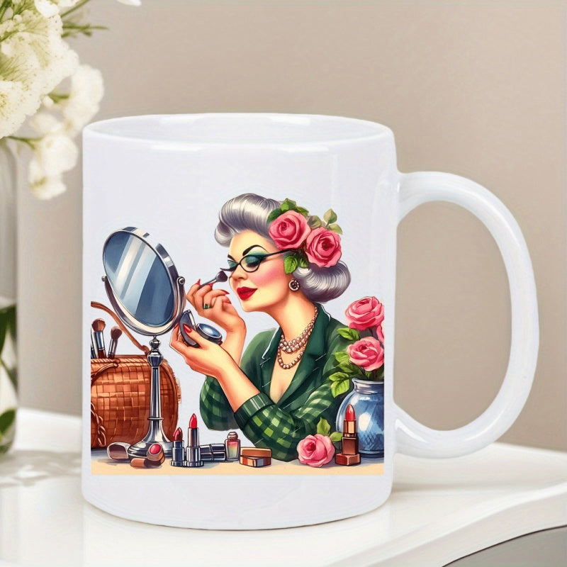 Tailorly White Ceramic 11 oz Mug - Vintage Retro Style Elegant Lady Applying Makeup Looking Into Mirror Woman