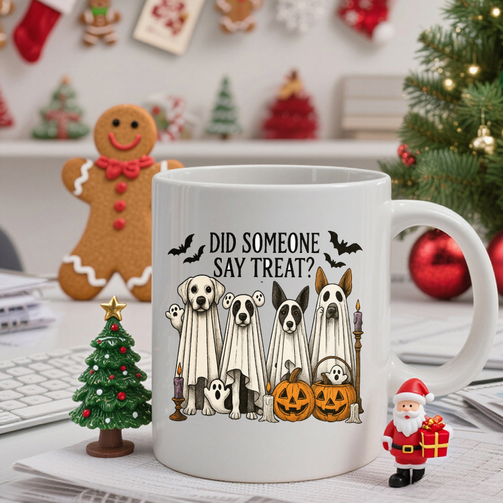 Tailorly White Ceramic 11 oz Mug - Did Someone Say Treat Several Playful Dogs Wearing White Ghost Sheets Near Halloween Pumpkins Dog