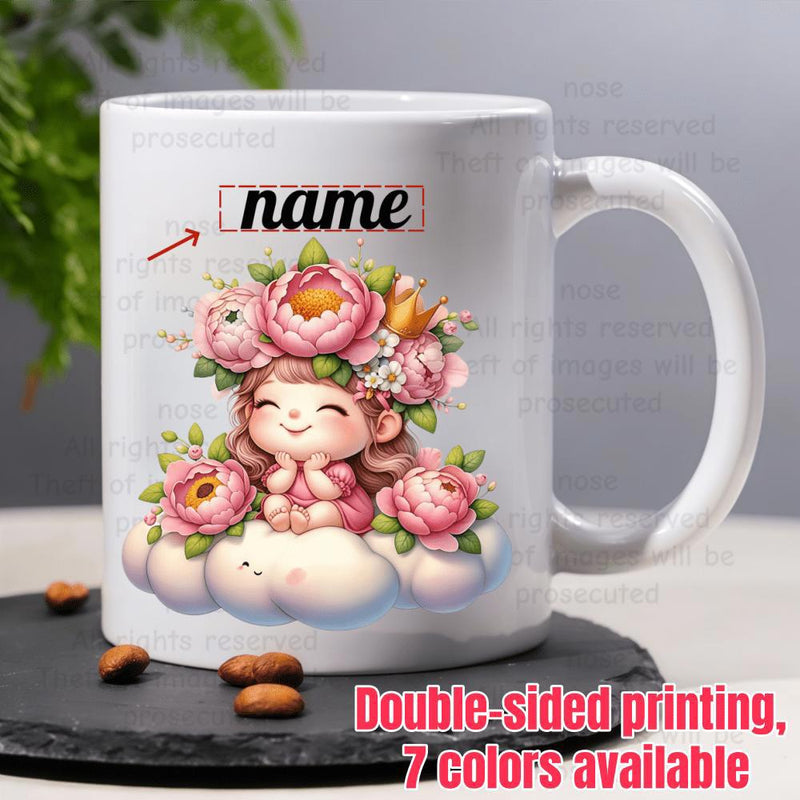 Tailorly White Ceramic 11 oz Mug - Name Charming Little Girl Wearing Pink Peony Crown Sitting On Fluffy Cloud Girl