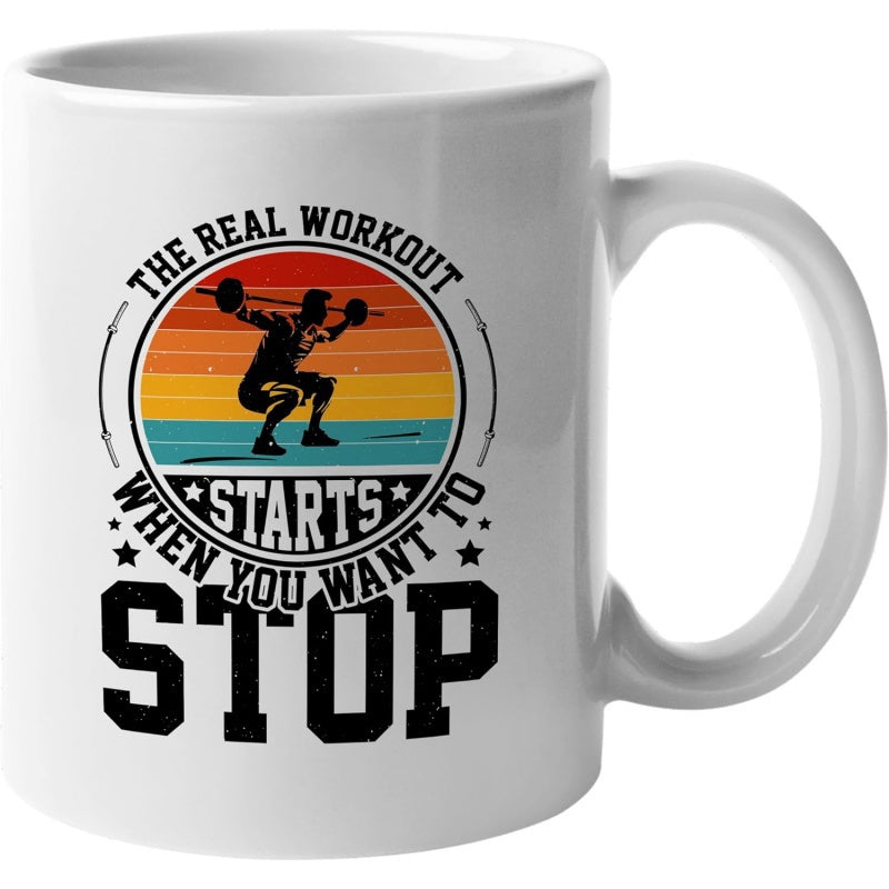 Tailorly White Ceramic 11 oz Mug - The Real Workout Starts When You Want To Stop Retro Circular Sunset Background With Barbell Squatting Silhouette Athlete