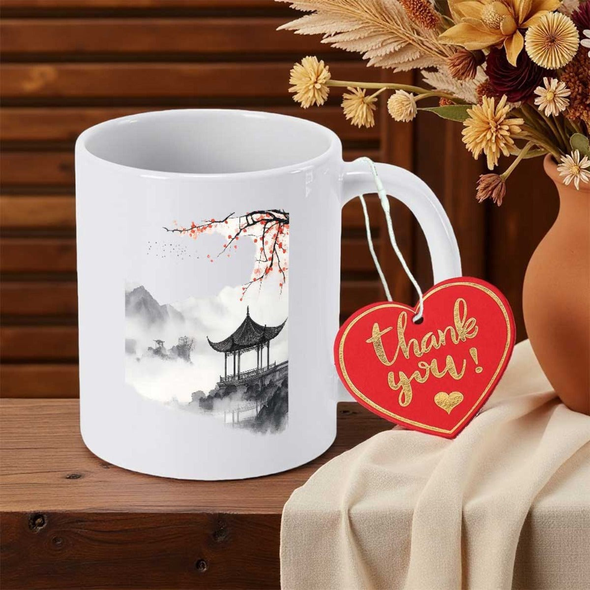 Tailorly White Ceramic 11 oz Mug - Thank You Traditional Ink Wash Landscape Featuring Misty Mountains And Blooming Cherry Blossom Branch Pagoda