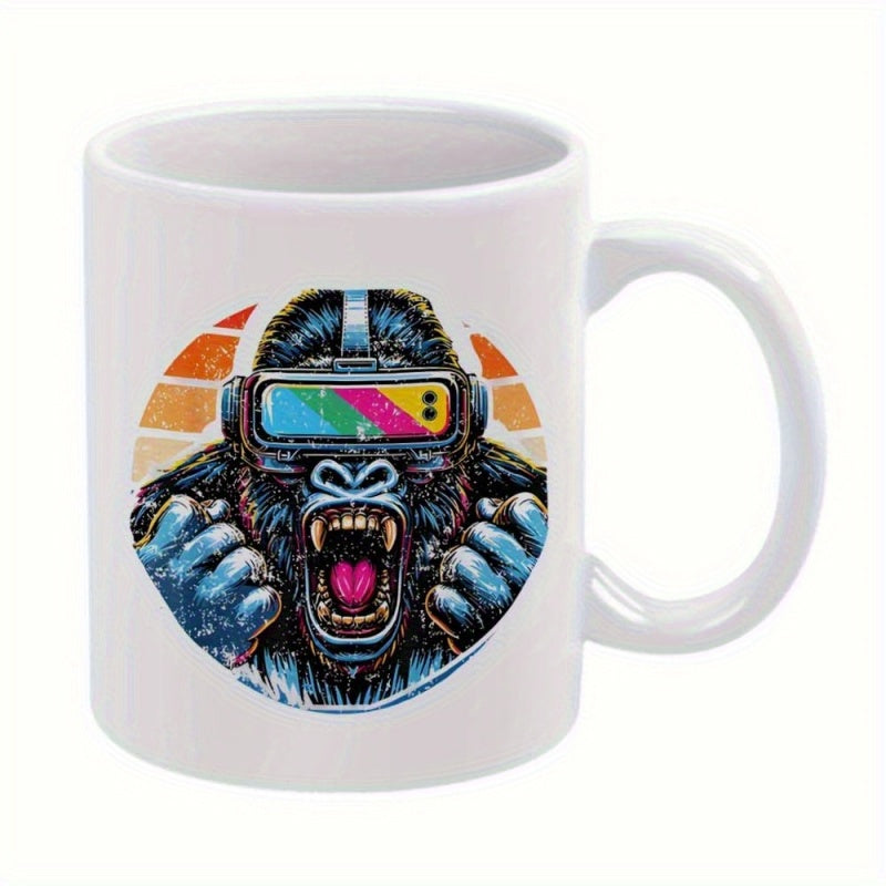 Tailorly White Ceramic 11 oz Mug - Powerful Aggressive Primate Wearing Colorful Virtual Reality Goggles Against Retro Sunset Gorilla