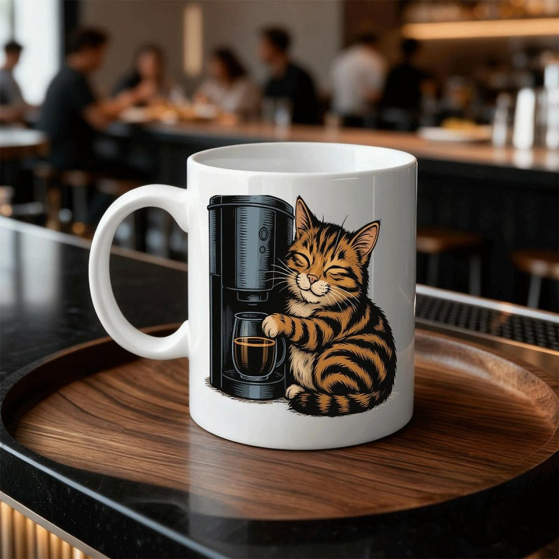 Tailorly White Ceramic 11 oz Mug - Striped Tabby Sitting Beside A Classic Sleek Black Drip Coffee Machine Cat