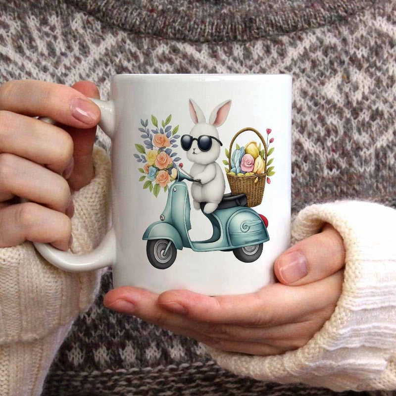 Tailorly White Ceramic 11 oz Mug - Cute White Rabbit Wearing Sunglasses Riding A Vintage Blue Motorized Scooter Bunny