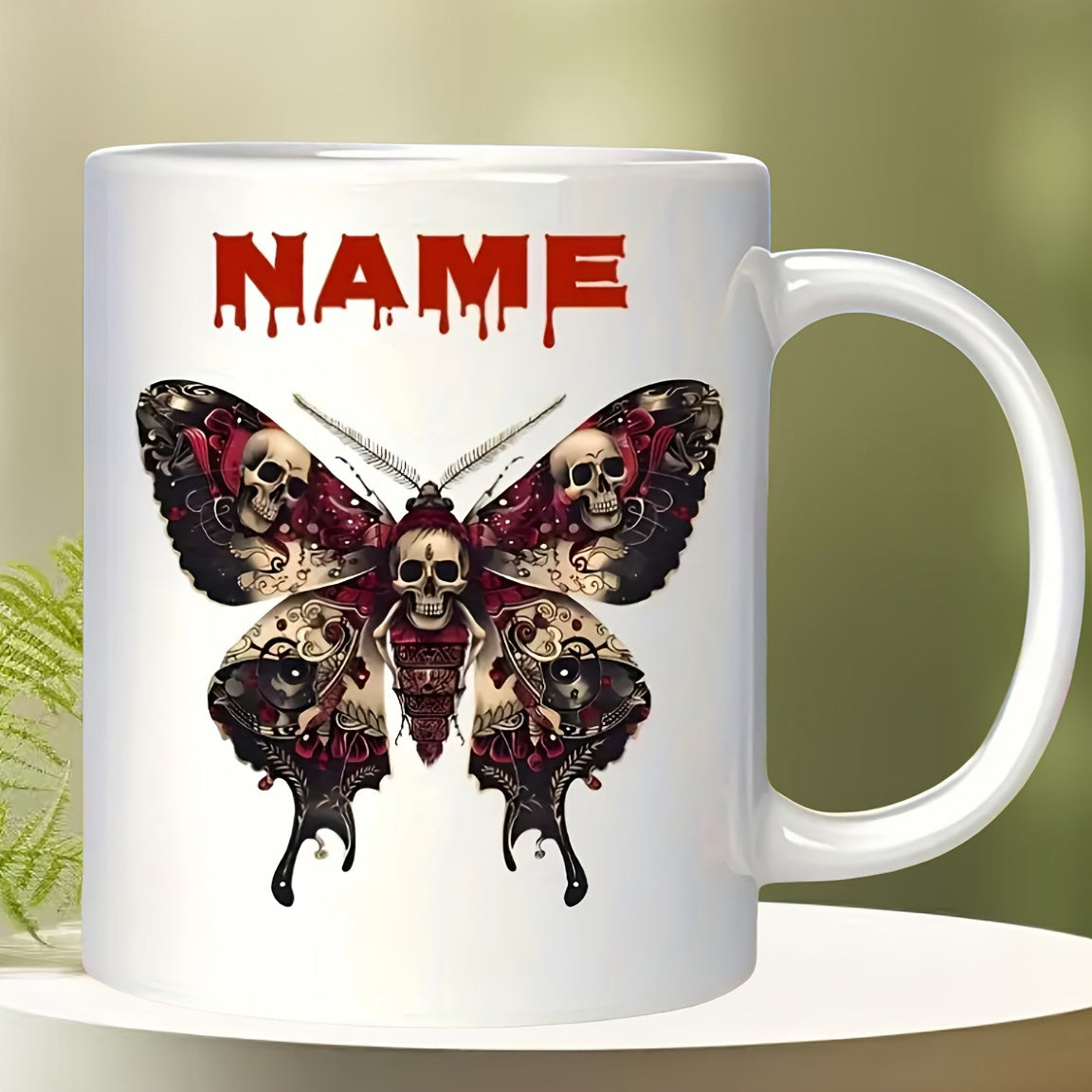 Tailorly White Ceramic 11 oz Mug - Name Intricate Gothic Style With Skulls Embedded Within Dark Red Wings Butterfly