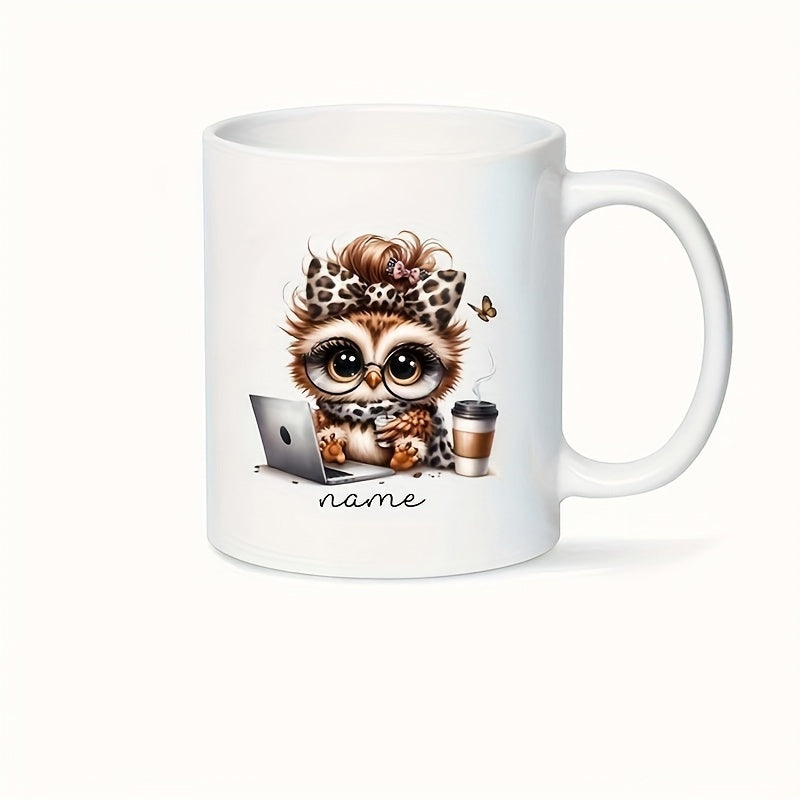 Tailorly White Ceramic 11 oz Mug - Name Cute Cartoon Style Wearing Leopard Bow Sitting Behind Laptop Drinking Coffee Owl