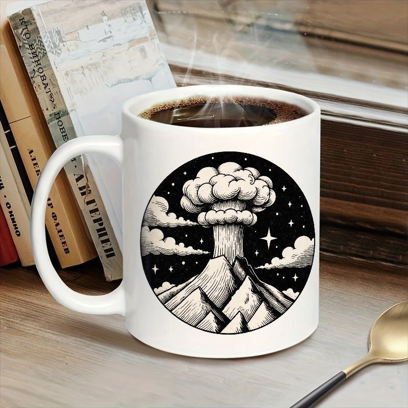 Tailorly White Ceramic 11 oz Mug - High Contrast Monochromatic Circular Eruption Scene Featuring Starry Night Skies And Mountains Volcano