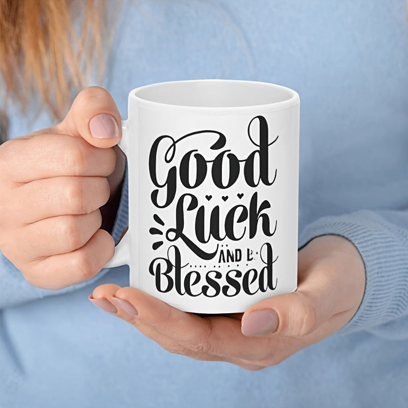 Tailorly White Ceramic 11 oz Mug - Good Luck And Be Blessed Elegant Script Lettering With Minimalist Hearts On White Glossy Mug