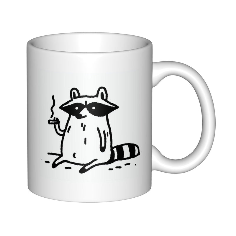 Tailorly White Ceramic 11 oz Mug - Minimalist Hand Drawn Sitting Animal Holding A Smoking Cigarette Wild Raccoon