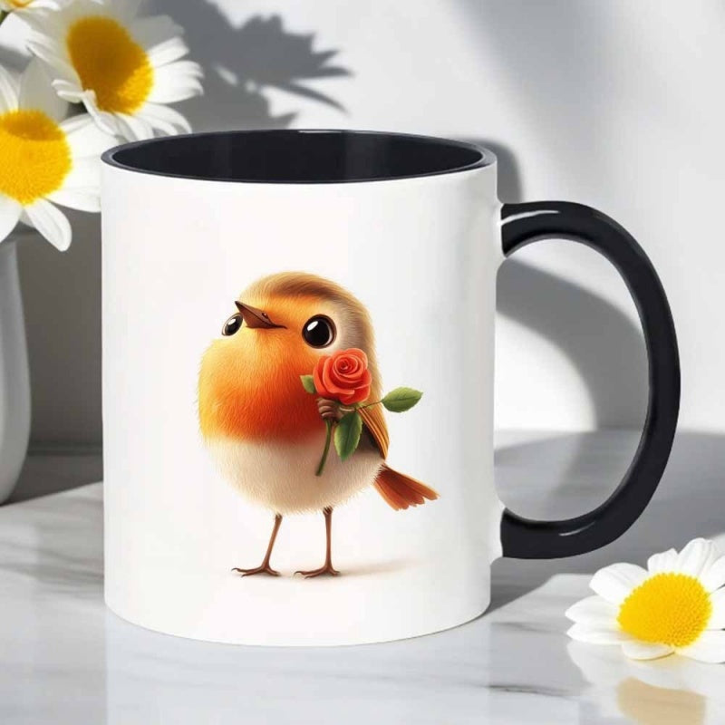 Tailorly Black Accent 11 oz Mug - cartoon robin with rose