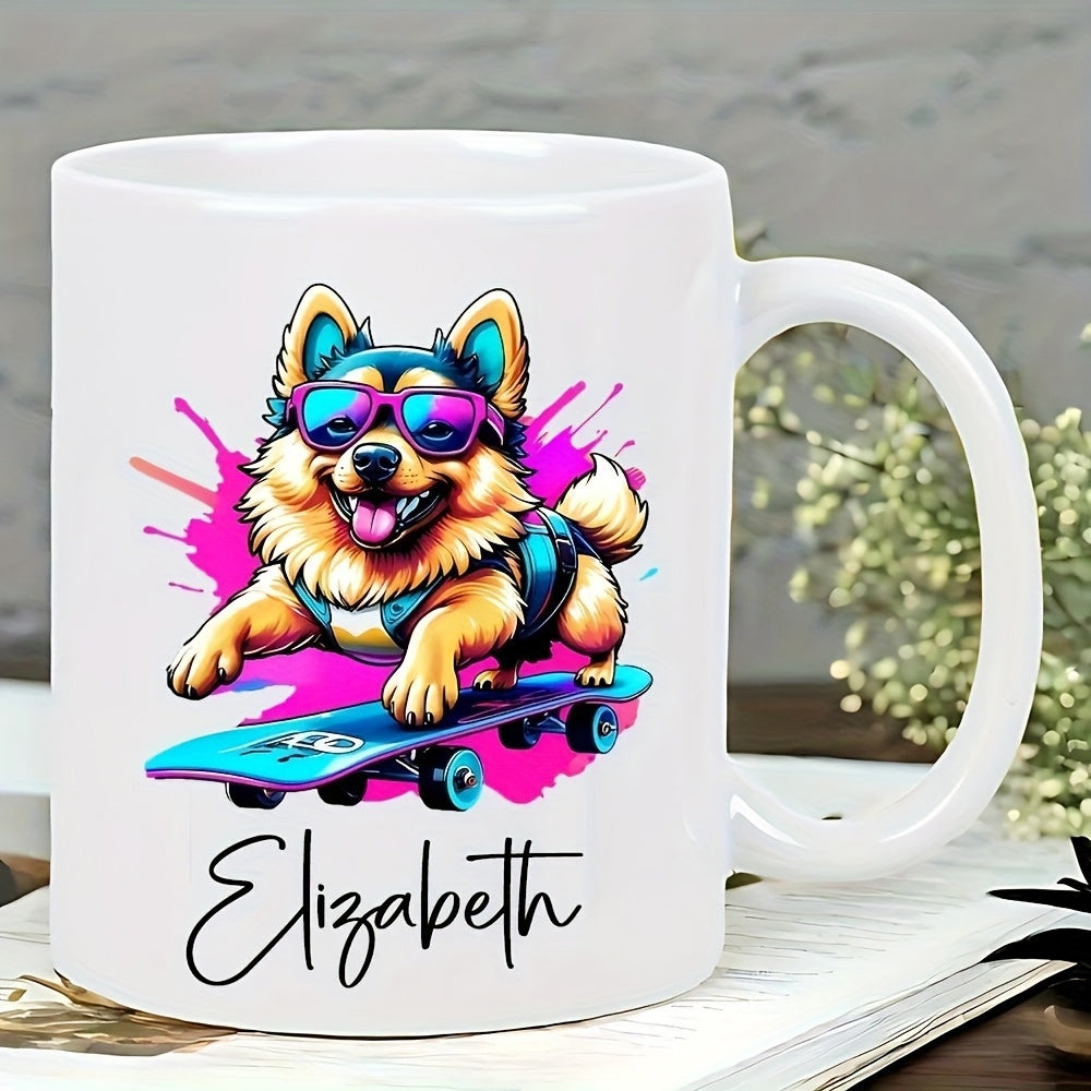 Tailorly White Ceramic 11 oz Mug - Elizabeth Vibrant Cartoon Puppy Wearing Sunglasses Riding A Skateboard With Colorful Background Dog