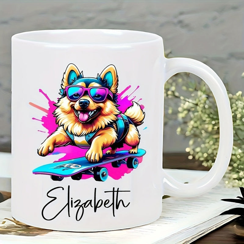 Tailorly White Ceramic 11 oz Mug - Elizabeth Vibrant Cartoon Puppy Wearing Sunglasses Riding A Skateboard With Colorful Background Dog