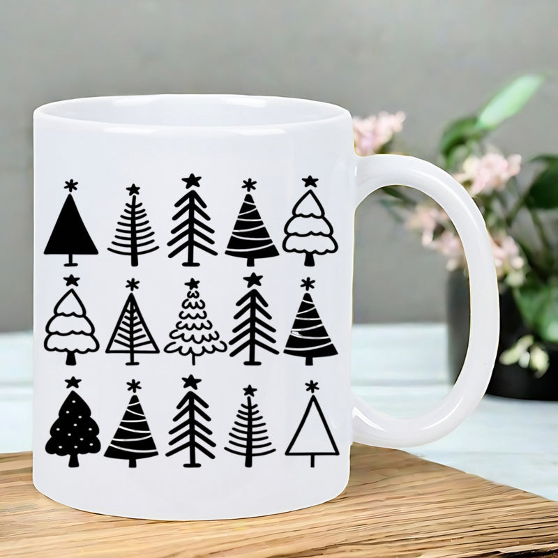 Tailorly White Ceramic 11 oz Mug - Minimalist Black Christmas Trees Arranged In A Structured Grid Pattern Tree