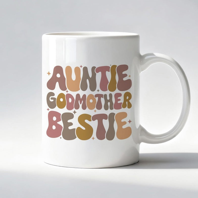 Tailorly White Ceramic 11 oz Mug - Auntie Godmother Bestie Retro Groovy Wavy Typography Featuring Earthy Tones And Delicate Tiny Stars Art