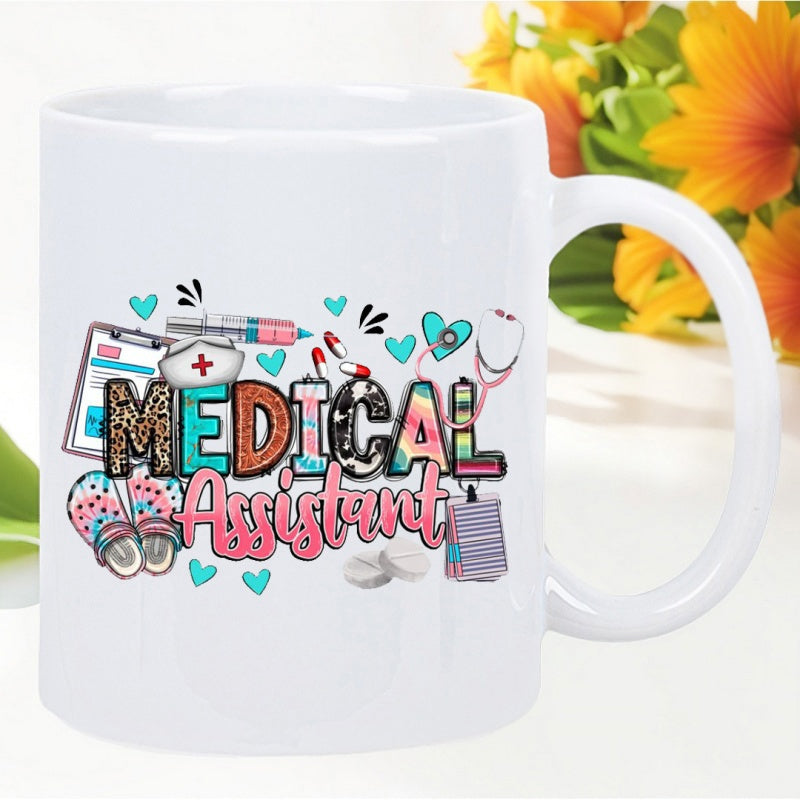 Tailorly White Ceramic 11 oz Mug - Medical Assistant Colorful Medical Tools With Nurse Hat And Stethoscope Among Teal Hearts Illustration