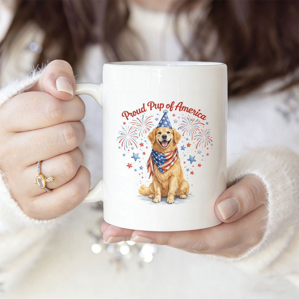 Tailorly White Ceramic 11 oz Mug - Proud Pup Of America Loyal Golden Retriever Wearing Patriotic Hat And Bandana Amidst Sparkling Fireworks Dog
