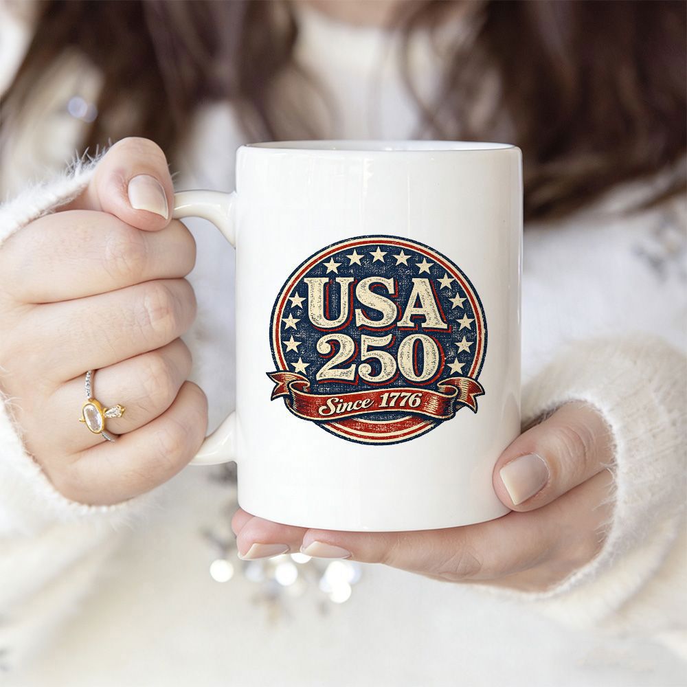 Tailorly White Ceramic 11 oz Mug - USA 250 Since 1776 Patriotic Circular Emblem Featuring Stars And Vintage Distressed Texture Mug