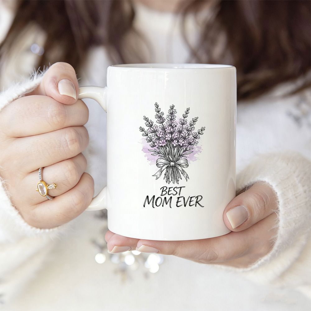 Tailorly White Ceramic 11 oz Mug - Best Mom Ever Elegant Lavender Bouquet Tied With Bow Under Soft Purple Hues Lavender