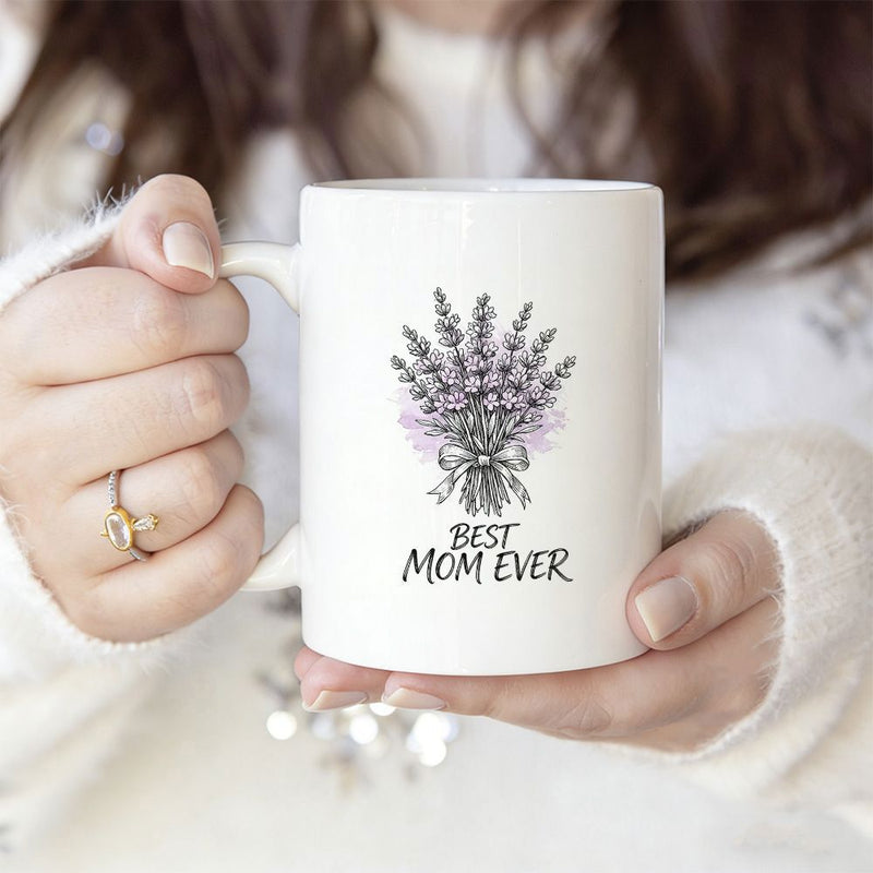 Tailorly White Ceramic 11 oz Mug - Best Mom Ever Elegant Lavender Bouquet Tied With Bow Under Soft Purple Hues Lavender