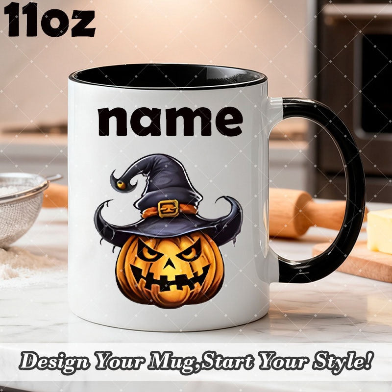 Tailorly Black Accent 11 oz Mug - black witch hat and jack o lantern