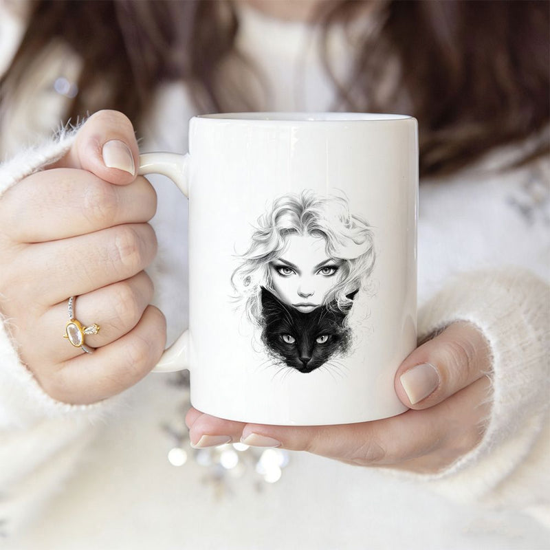 Tailorly White Ceramic 11 oz Mug - Intricately Detailed Sketch Of Mysterious Woman With Flowing Hair And Black Cat