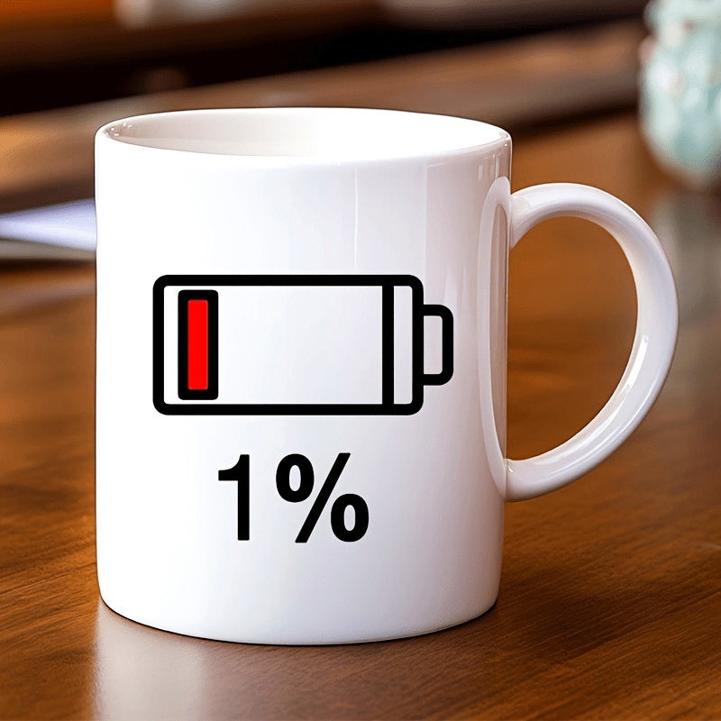 Tailorly White Ceramic 11 oz Mug - 1% Minimal Low Energy Charge Level With One Red Bar Indicator Battery