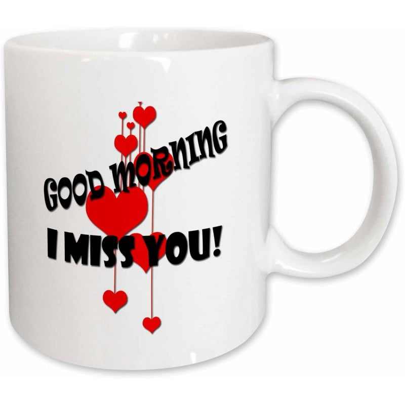 Tailorly White Ceramic 11 oz Mug - Good Morning I Miss You Floating Red Hearts Hanging From Delicate Vertical Lines Heart