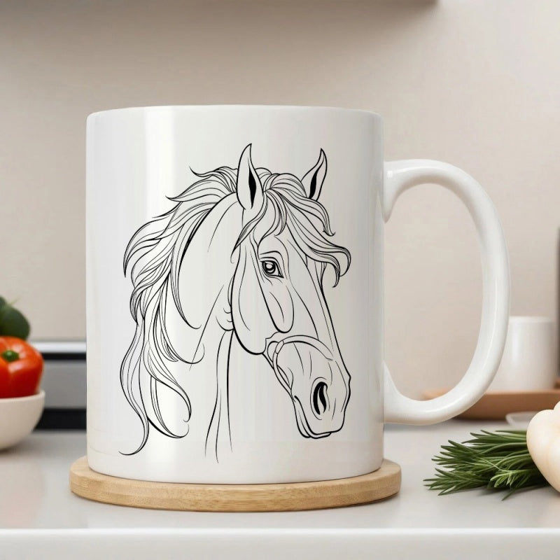 Tailorly White Ceramic 11 oz Mug - Elegant Minimalist Line Art Drawing Of A Majestic Wild Stallion Horse