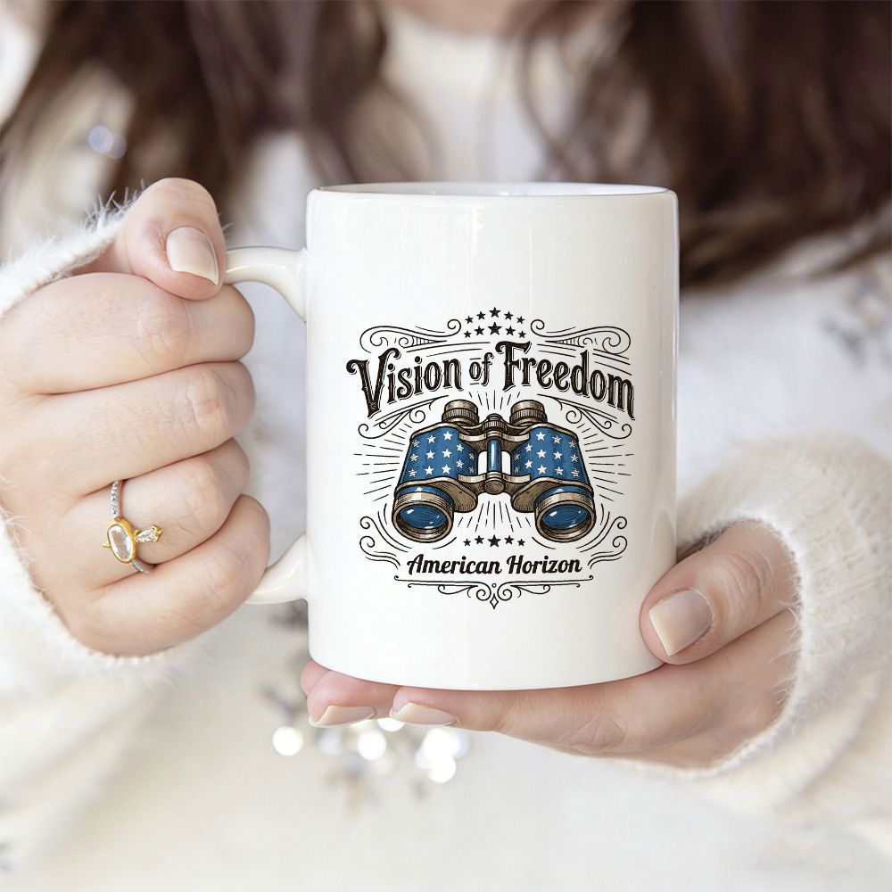 Tailorly White Ceramic 11 oz Mug - Vision Of Freedom American Horizon Patriotic Stars And Stripes Patterns Featuring Decorative Swirls And Binoculars